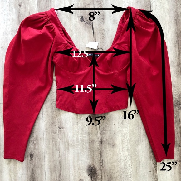 Zara,‎ Red, Long Puffy Sleeves, With Pleats, Fitted, Crop Top, NEW, Size, Small - Picture 9 of 12